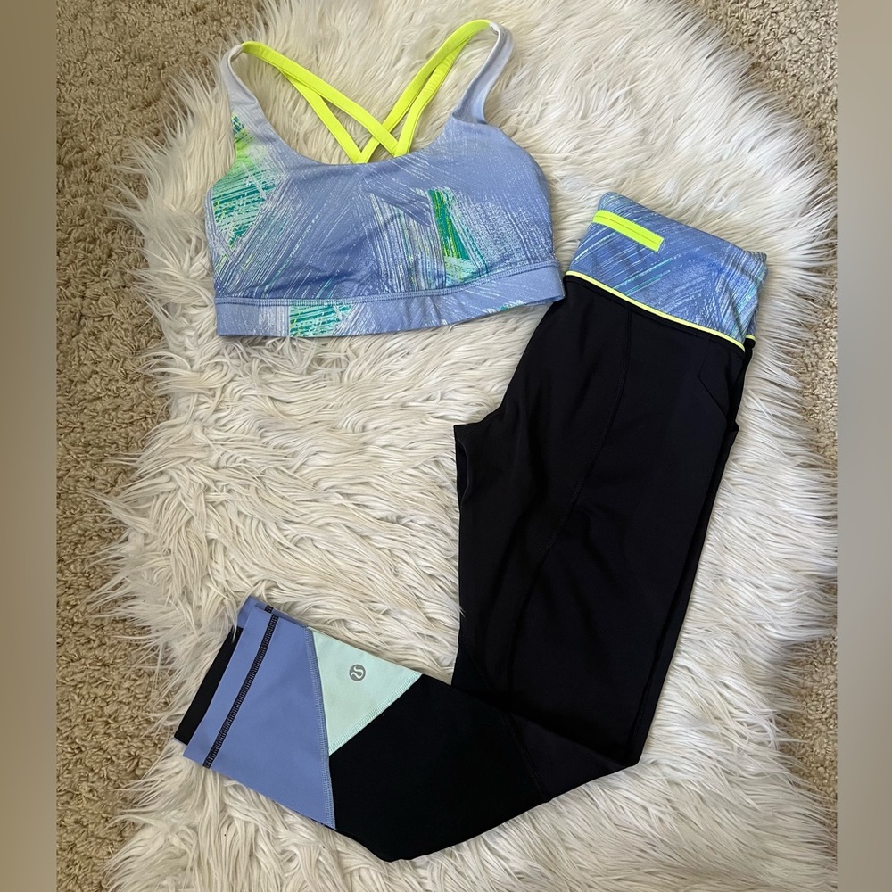 {Lululemon} Pace Rival Crop Leggings with Energy Bra in Wind Chill White Lullaby